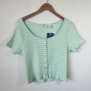 NWT Levi's Top Womens XL Blue Yellow Striped Pearl Snap Short Sleeve Ribbed Tee